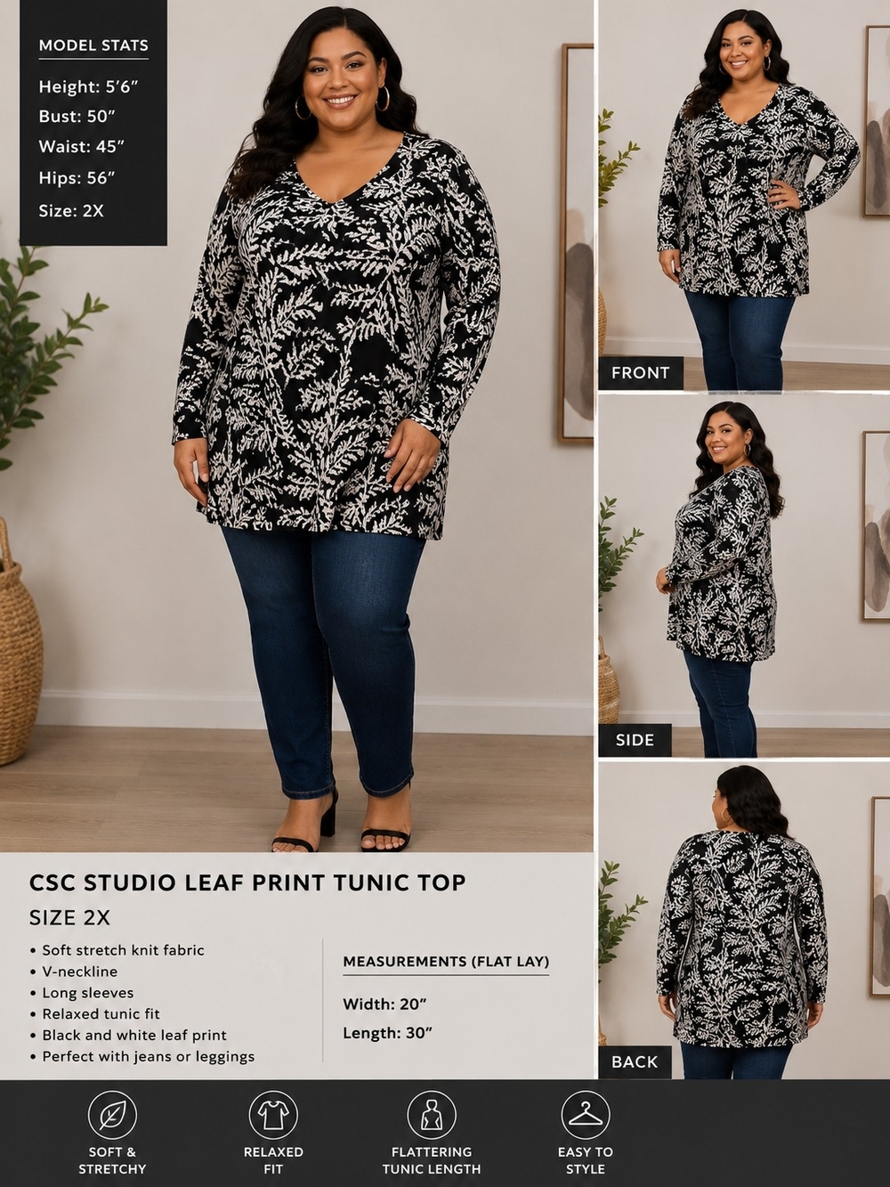CSC Studio 2X Black White Leaf Print Tunic Top